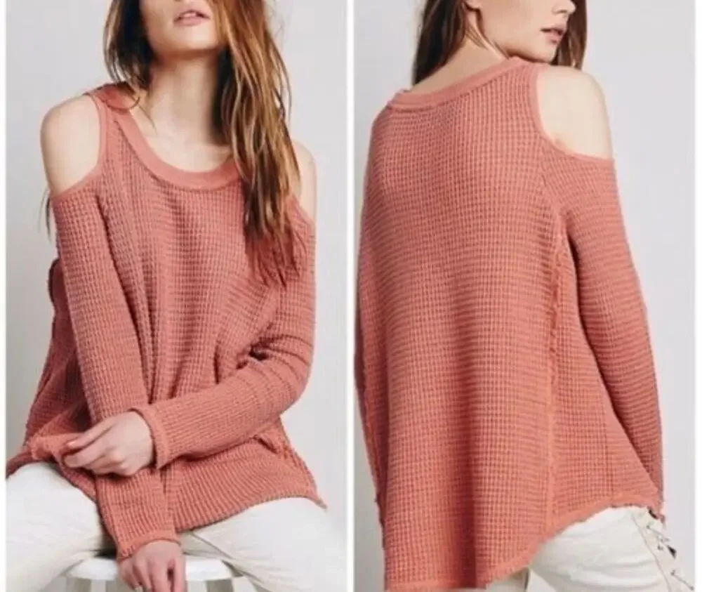 Free People Coral Pink Cold Shoulder Waffle Knit Sweater XS